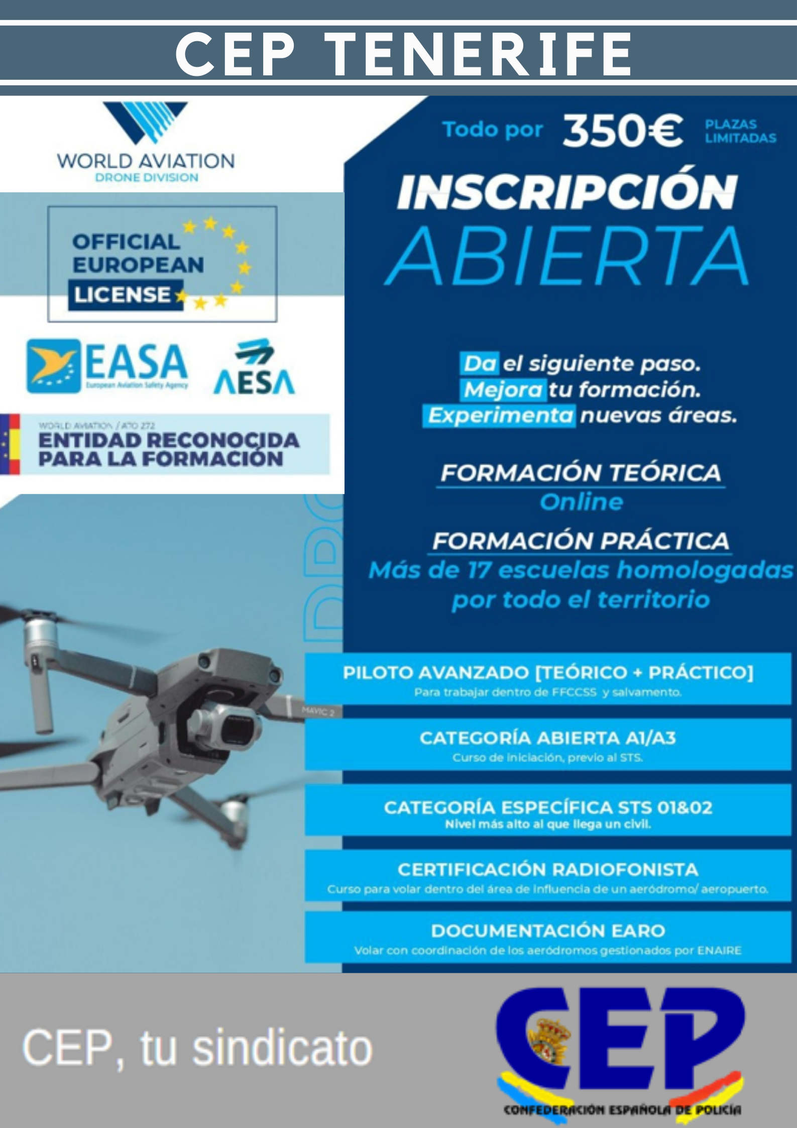 OFERTA Formación teórica y práctica diferentes modalidades piloto de drones.