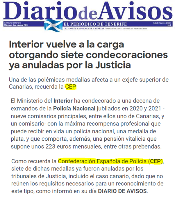 CEP PRENSA. 7 condecoraciones ya anuladas por la justicia. Una de las polémicas medallas afecta a un Exjefe Superior de Canarias.