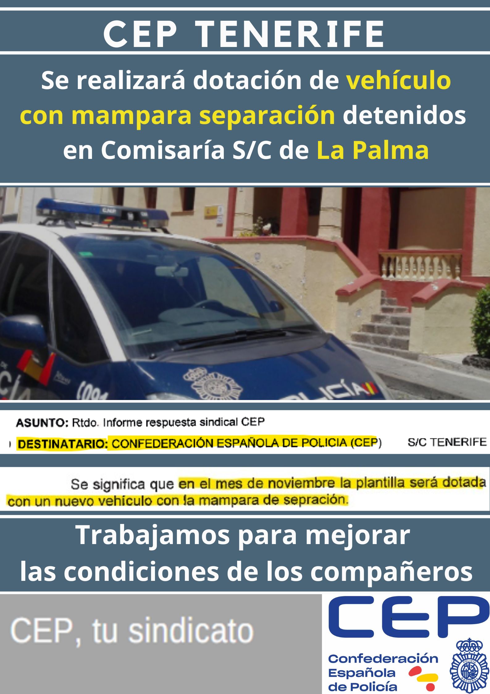 Tras petición CEP, se realizará dotación vehículo con mampara separación detenidos en La Palma