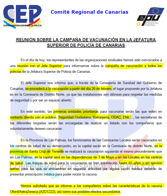 Nota informativa CEP. Reunión con JSP Canarias - Plan vacunación Policías en Canarias