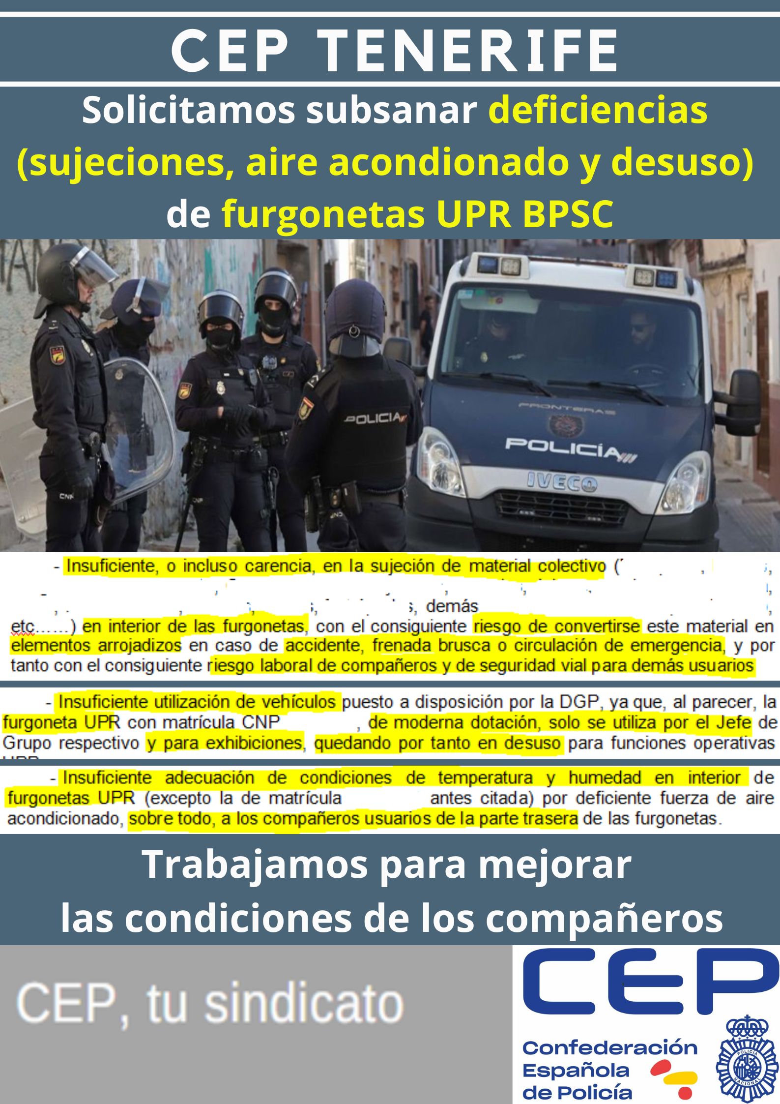 Solicitamos subsanar deficiencias de furgonetas UPR BPSC