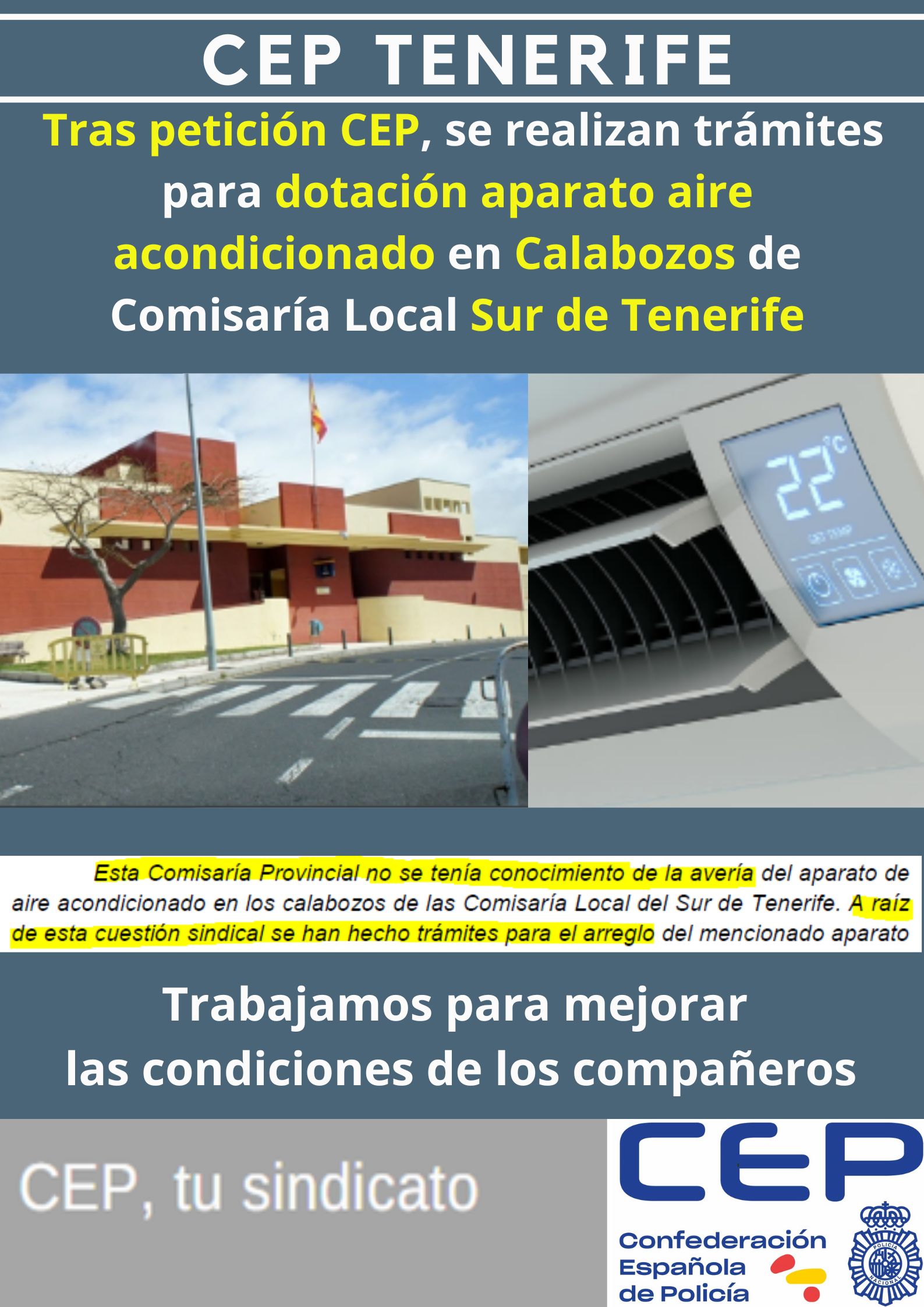 Tras petición CEP, se realizan trámites para dotación aparato aire acondicionado calabozos Sur de Tenerife