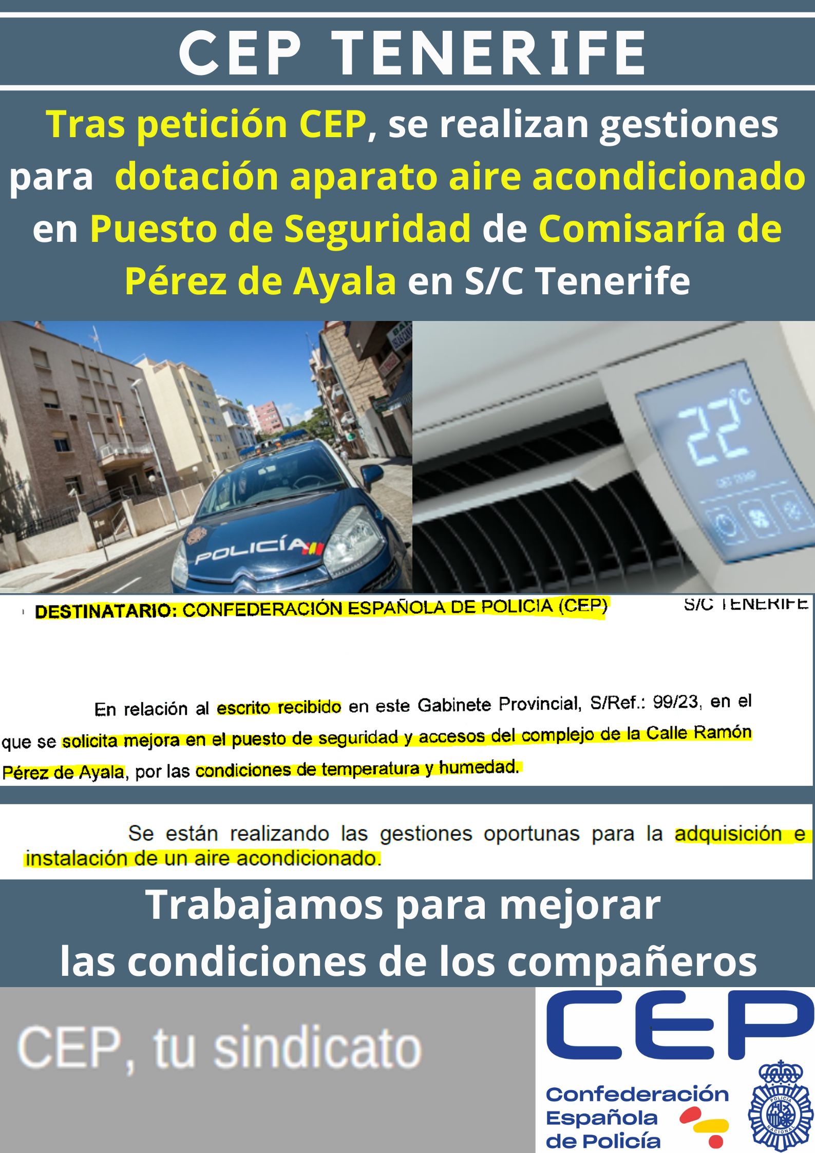 Tras petición CEP, se realizan gestiones para dotación aparato aire acondicionado puesto seguridad  Pérez de Ayala 