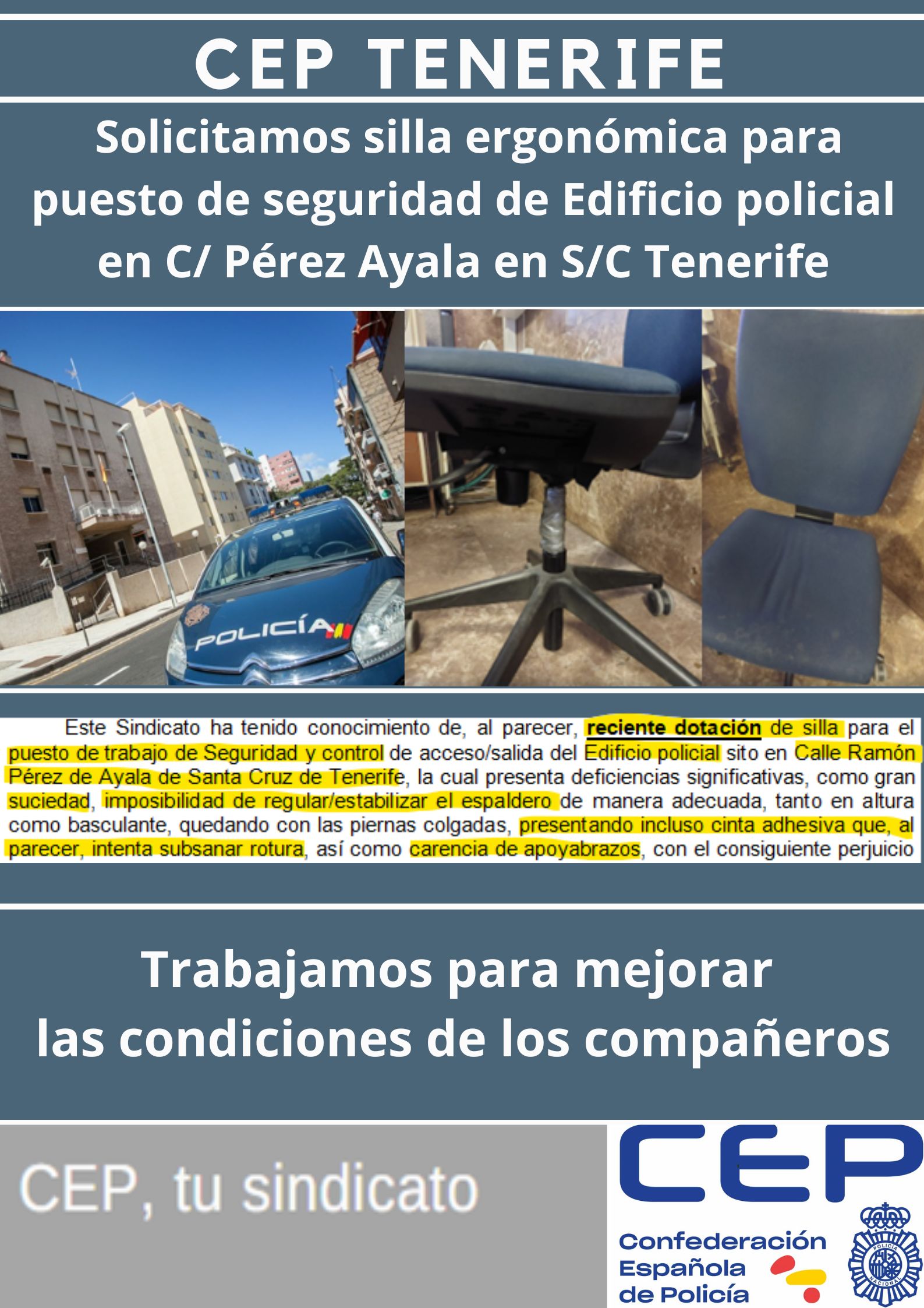 Solicitamos silla ergonómica para los compañeros puesto de seguridad Pérez Ayala