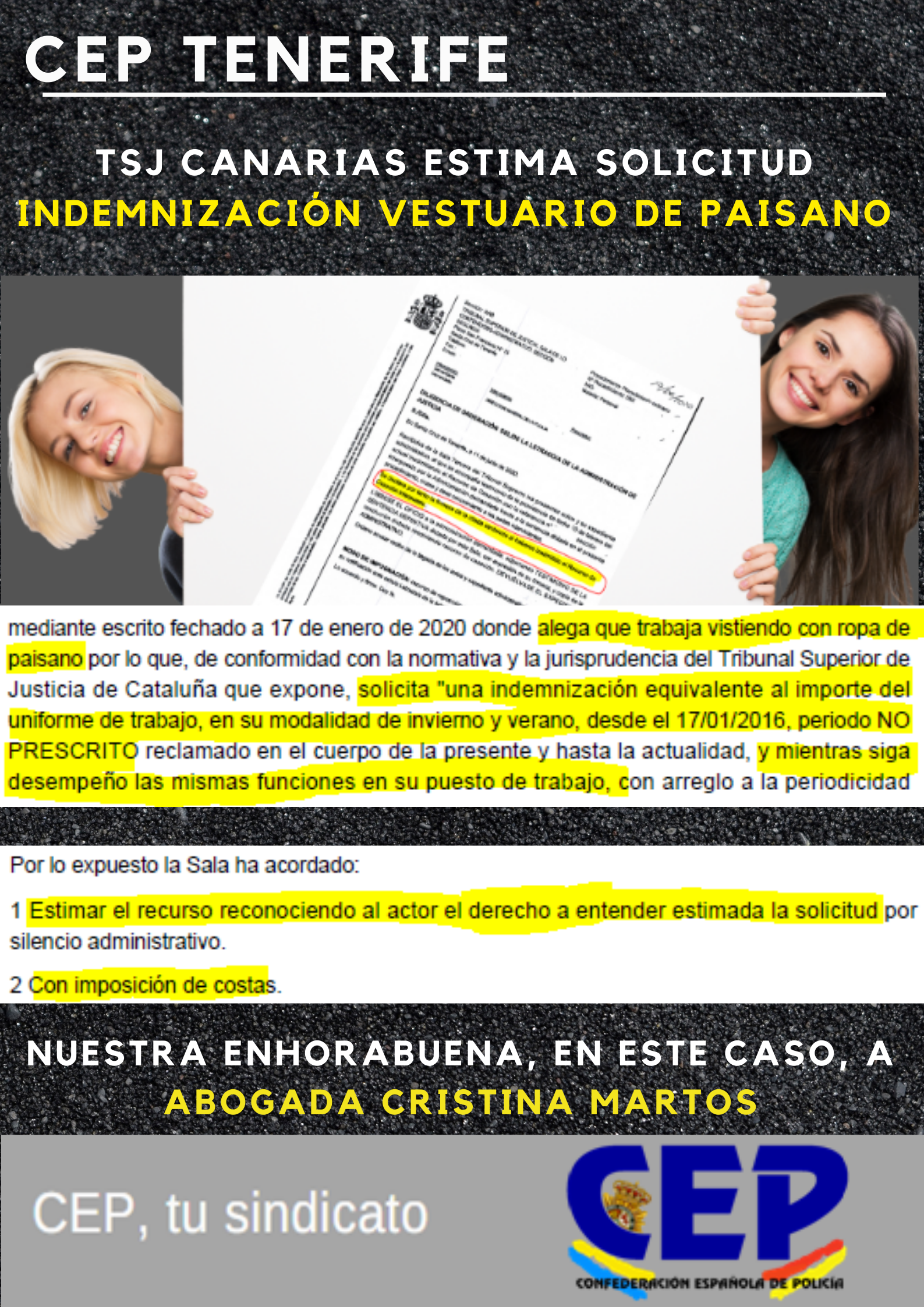 TSJ Canarias estima solicitud afiliado CEP de indemnización vestuario por desempeño de puesto de trabajo de paisano