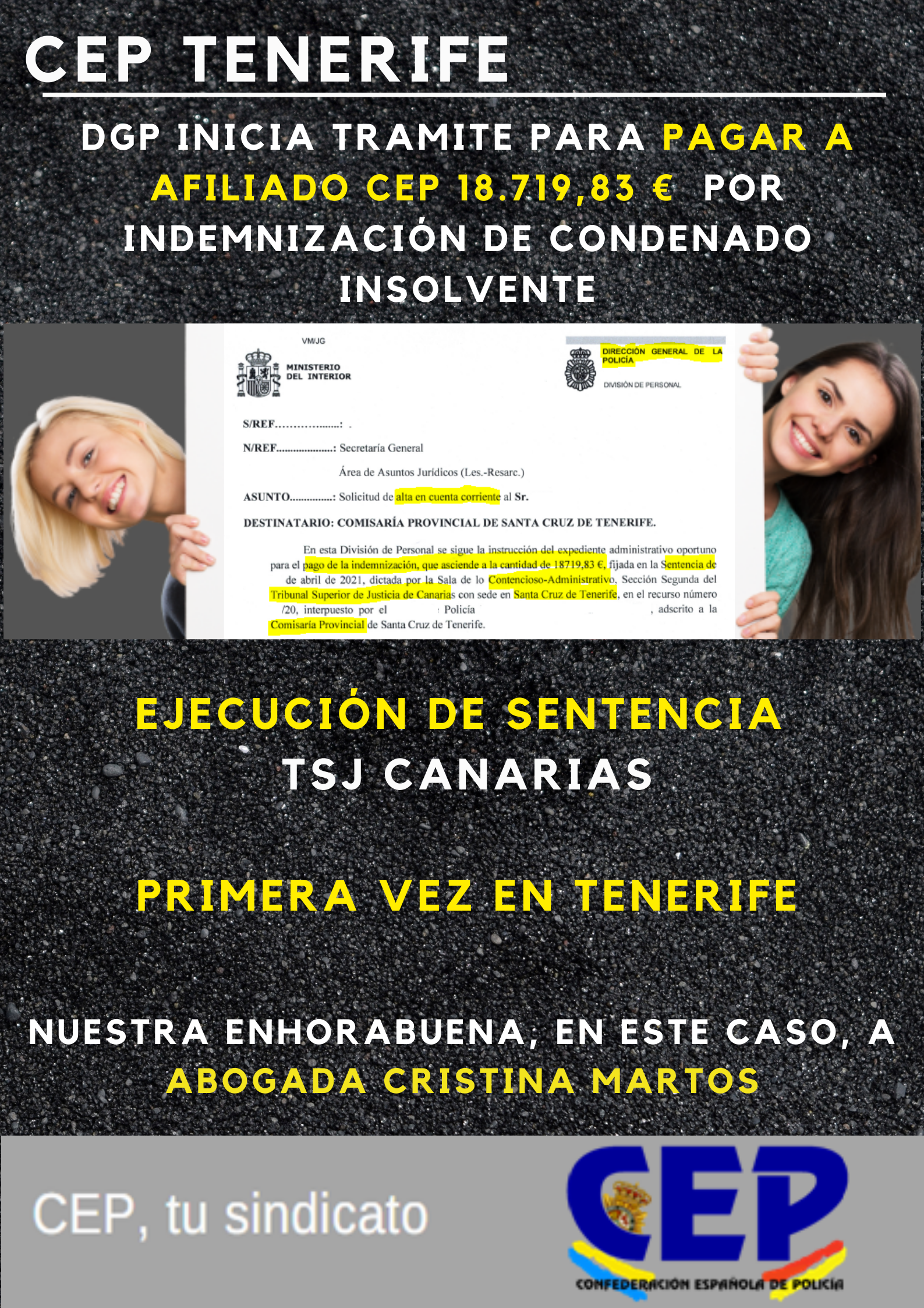 DGP inicia pago 18719€ en ejecución sentencia TSJ Canarias por indemnización de condenado insolvente