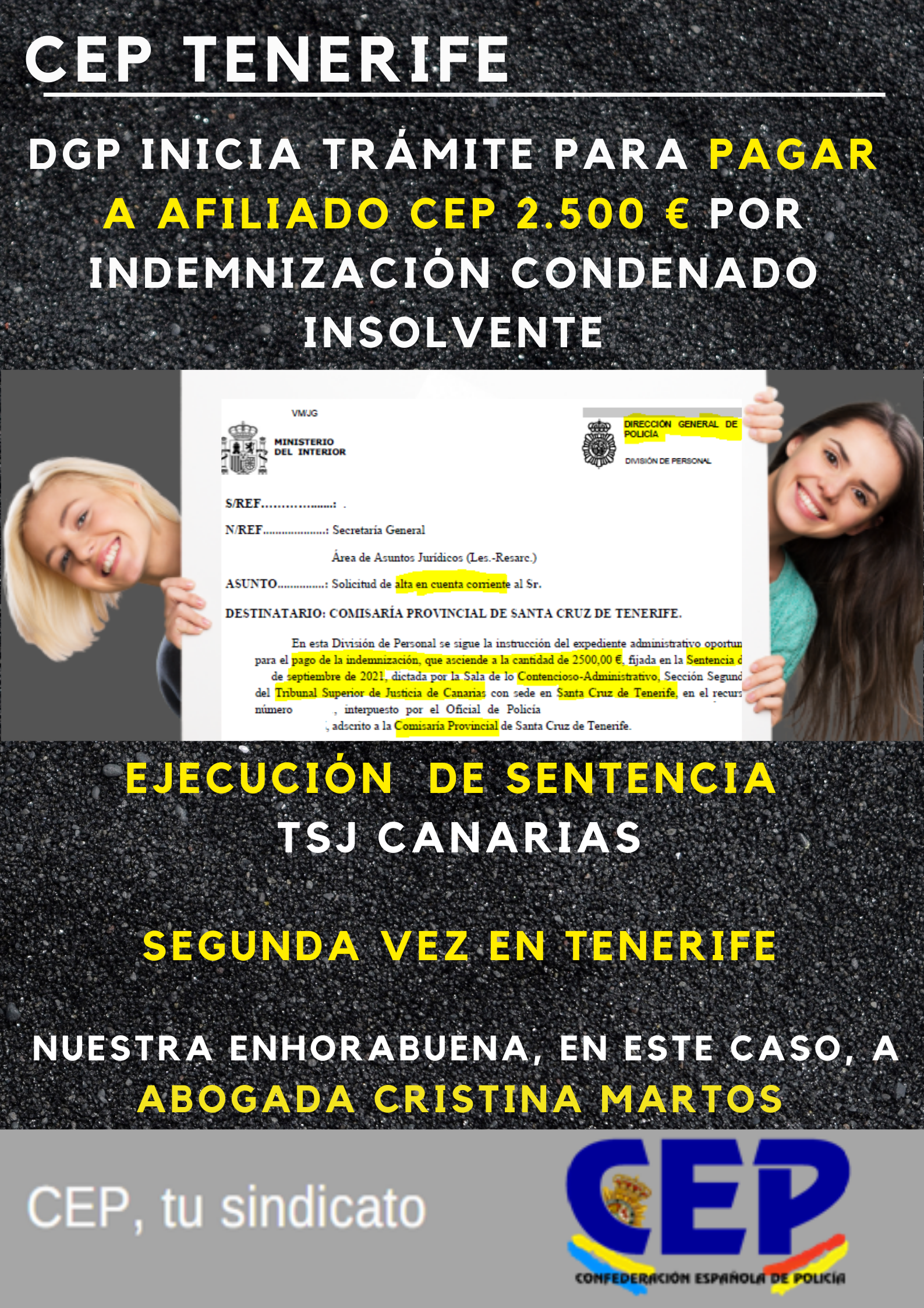 DGP inicia pago 2.500 € a afiliado CEP en ejecución sentencia TSJ Canarias por indemnización de condenado insolvente