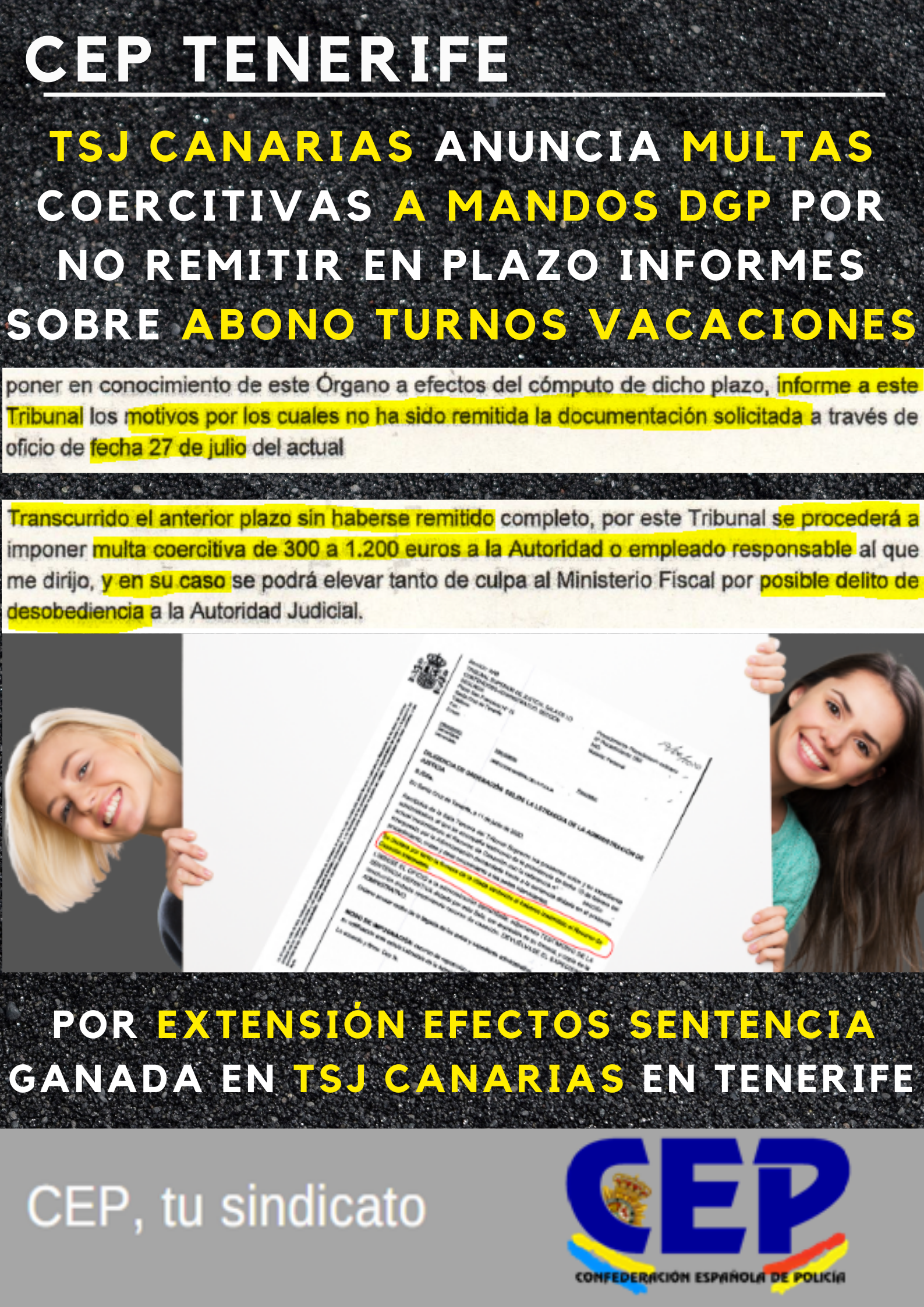 TSJ Canarias multa coercitiva a mandos DGP incumplir plazo documentación solicitada - extensión efectos sentencia ganada por CEP de abono turnos vacaciones