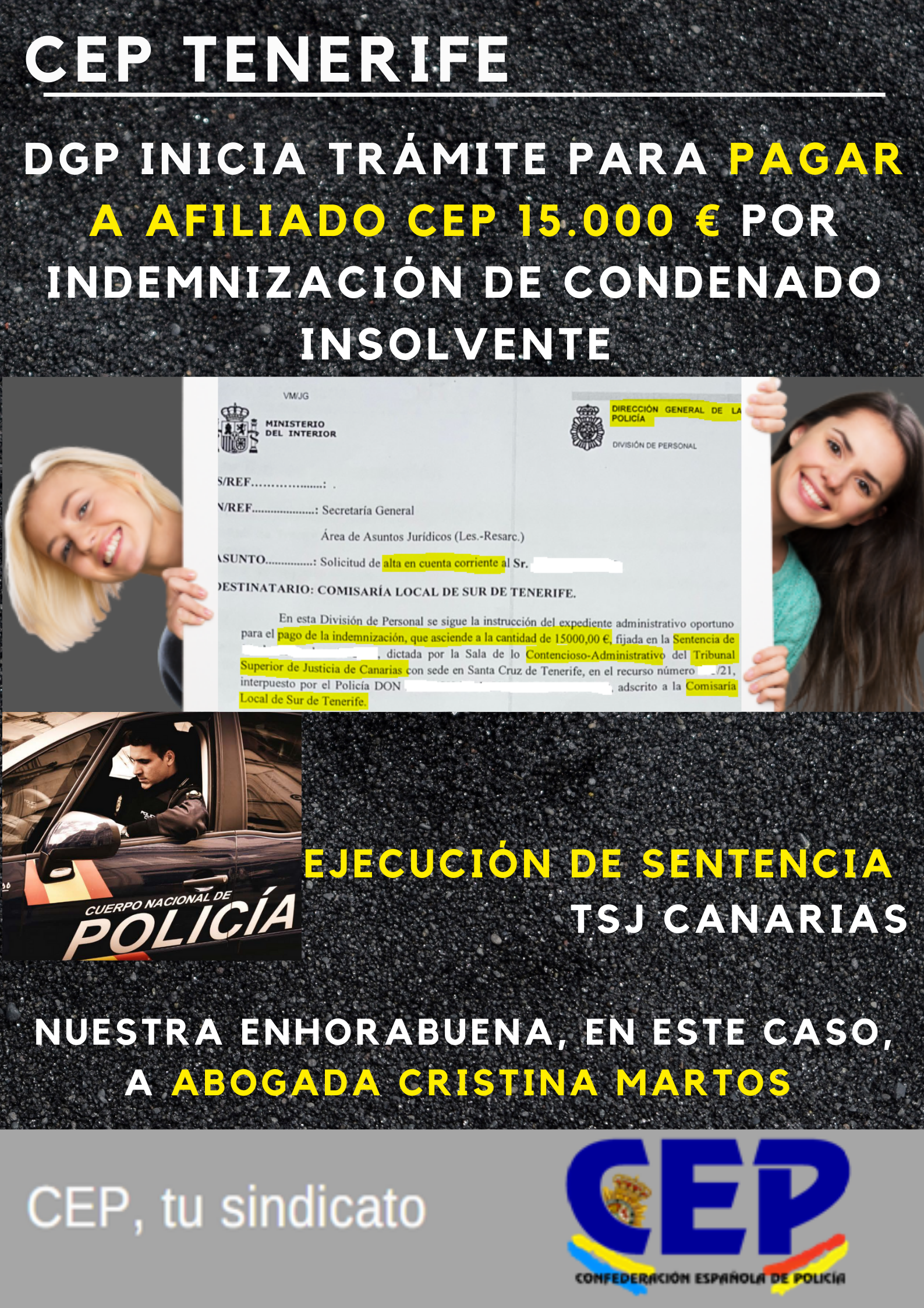 DGP inicia pago 15.000 € a afiliado CEP en ejecución sentencia TSJ Canarias por indemnización de condenado insolvente