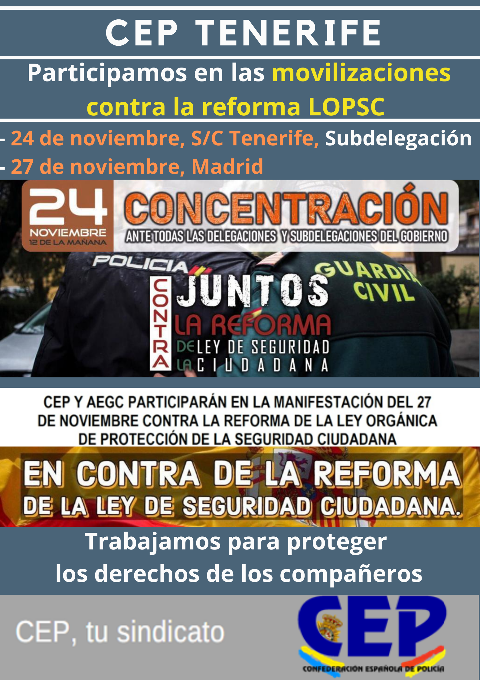 Participamos en movilizaciones contra reforma LOPSC - 24 Noviembre, Tenerife - 27 noviembre, Madrid.