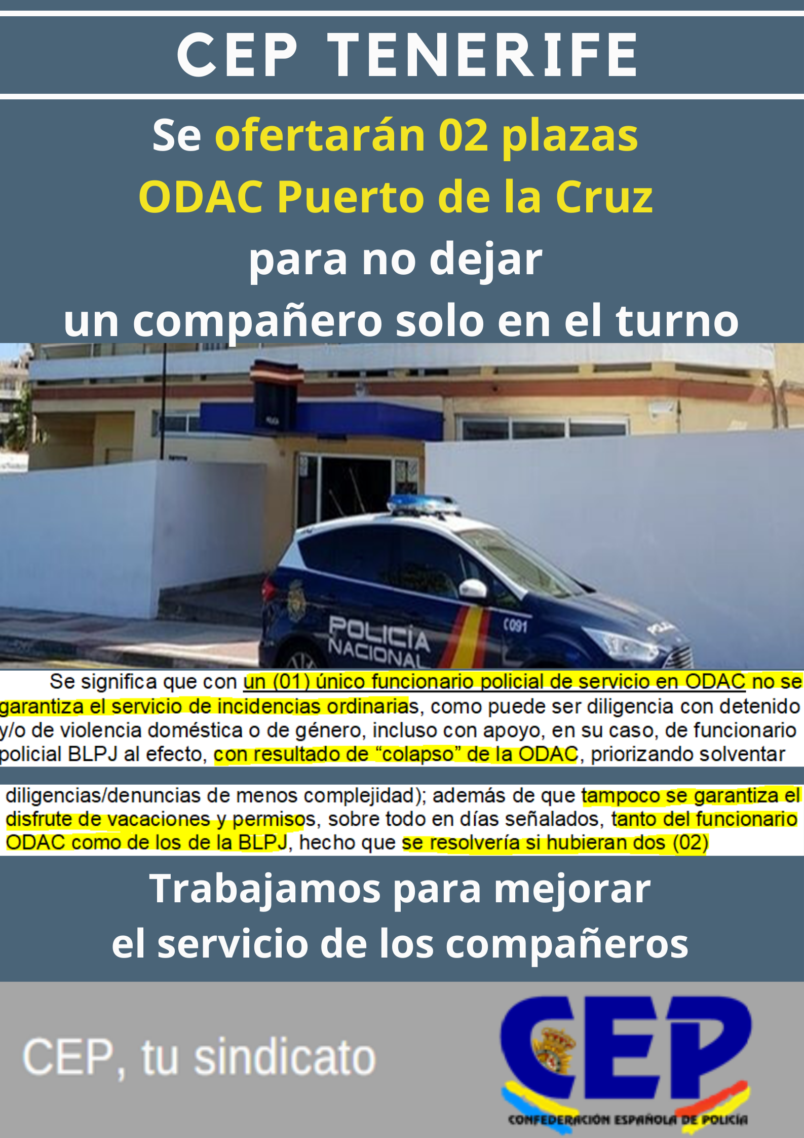 Se ofertarán dos plazas ODAC Puerto de la Cruz, evitando así que un compañero quede solo en el turno