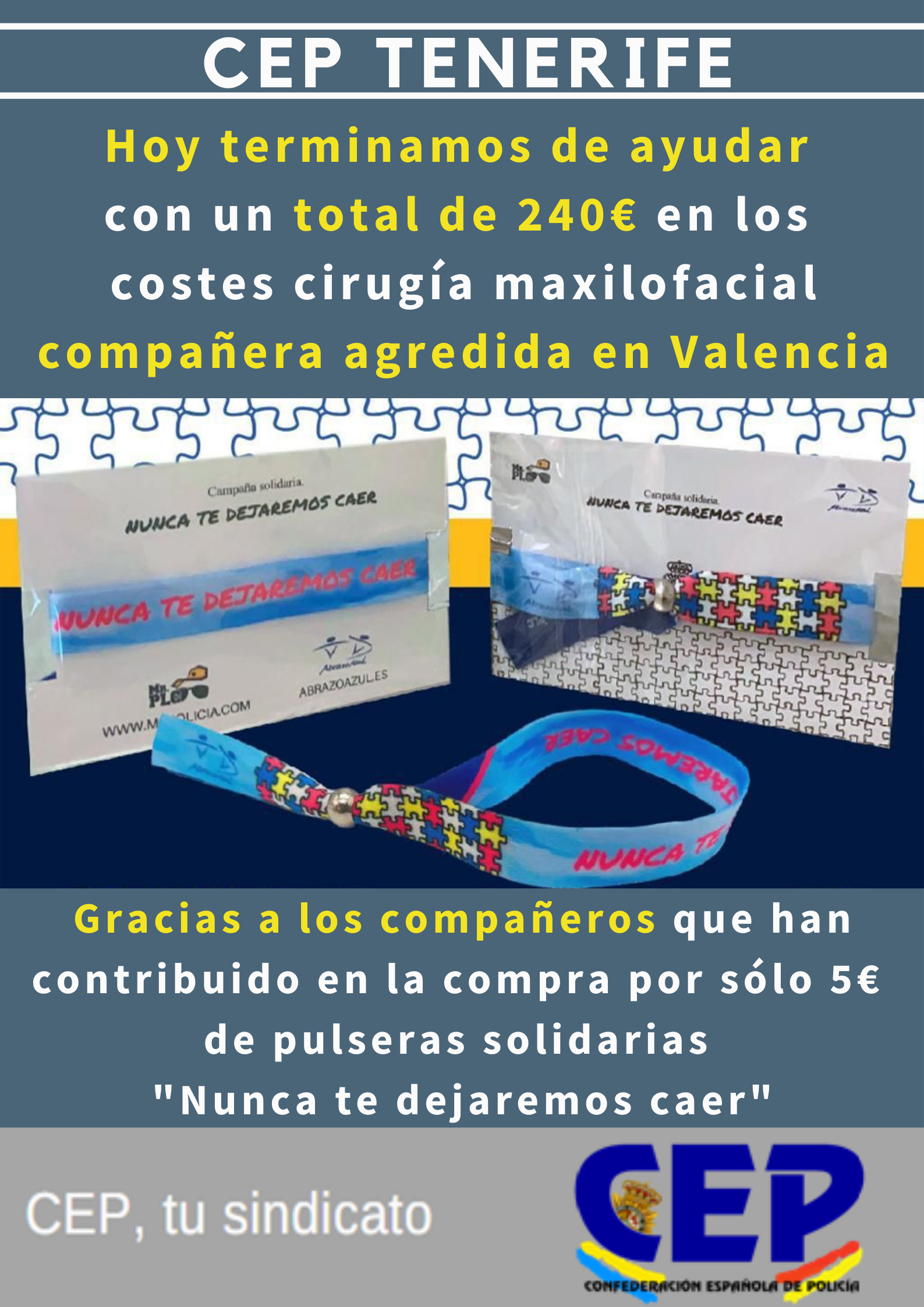 Terminamos de ayudar con un total de 240€ en los costes cirugía máxilofacial compañera agredida en Valencia