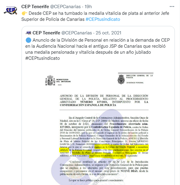 A demanda de CEP, Audiencia Nacional retira concesión medalla plata (pensionada vitalicia) al ex Jefe Superior Policia Canarias, jubilado hace dos años