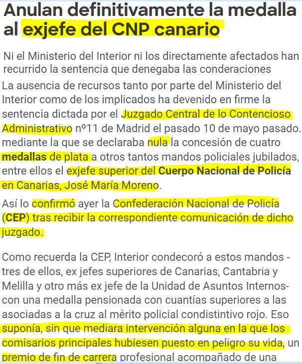 CEP PRENSA. Tras demanda de CEP, anulan definitivamente la medalla de plata al anterior JS de Policía de Canarias