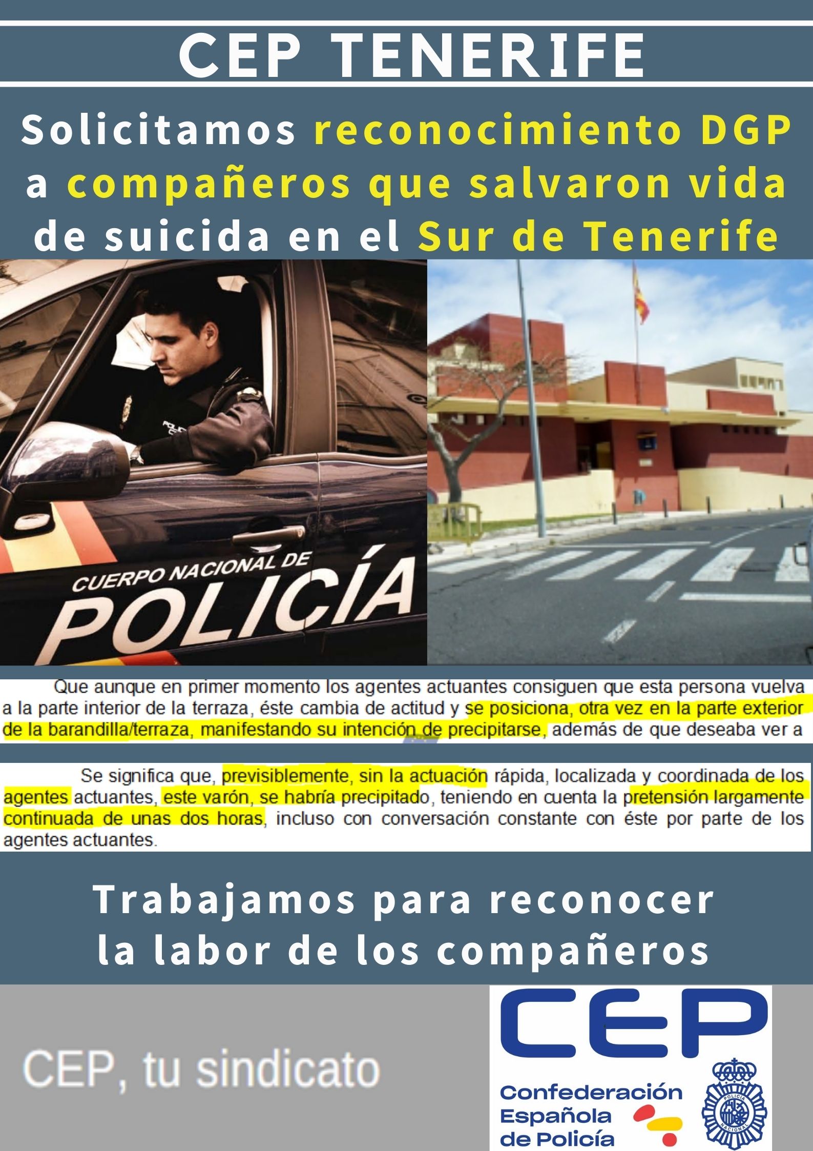 Solicitamos reconocimiento DGP a compañeros salvaron vida a suicida en Sur de Tenerife