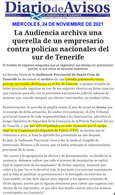 CEP PRENSA.  Archivan querella de empresario contra Policías Nacionales de Comisaría Sur de Tenerife. Nuestra enhorabuena, en este caso, a abogada Ángeles Padilla.