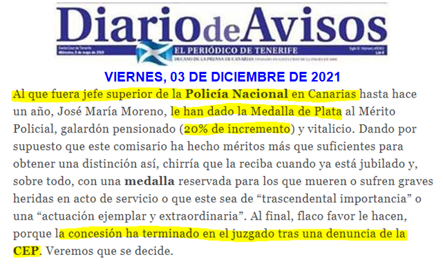 CEP PRENSA. Medalla plata (20% pensionada) a Jefe Superior Policía Canarias jubilado termina en juzgado por denuncia CEP