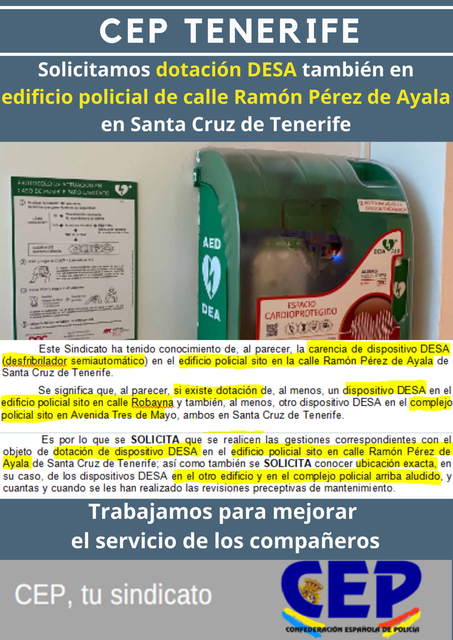 Solicitamos dotación DESA (desfibrilador semiautomático) también en edificio policial Ramón Pérez Ayala