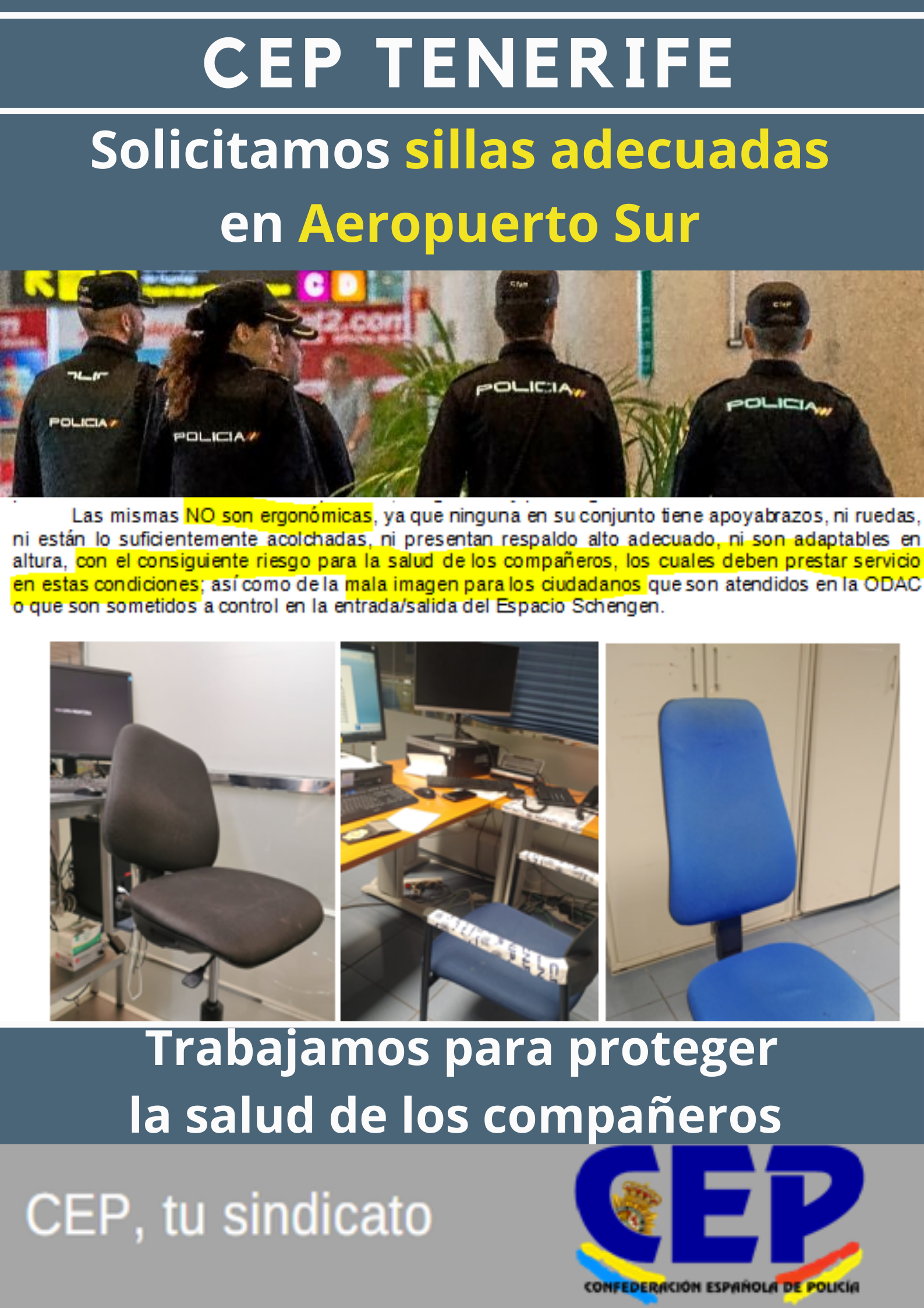 Solicitamos sillas adecuadas compañeros aeropuerto sur en puestos trabajo ODAC y filtros