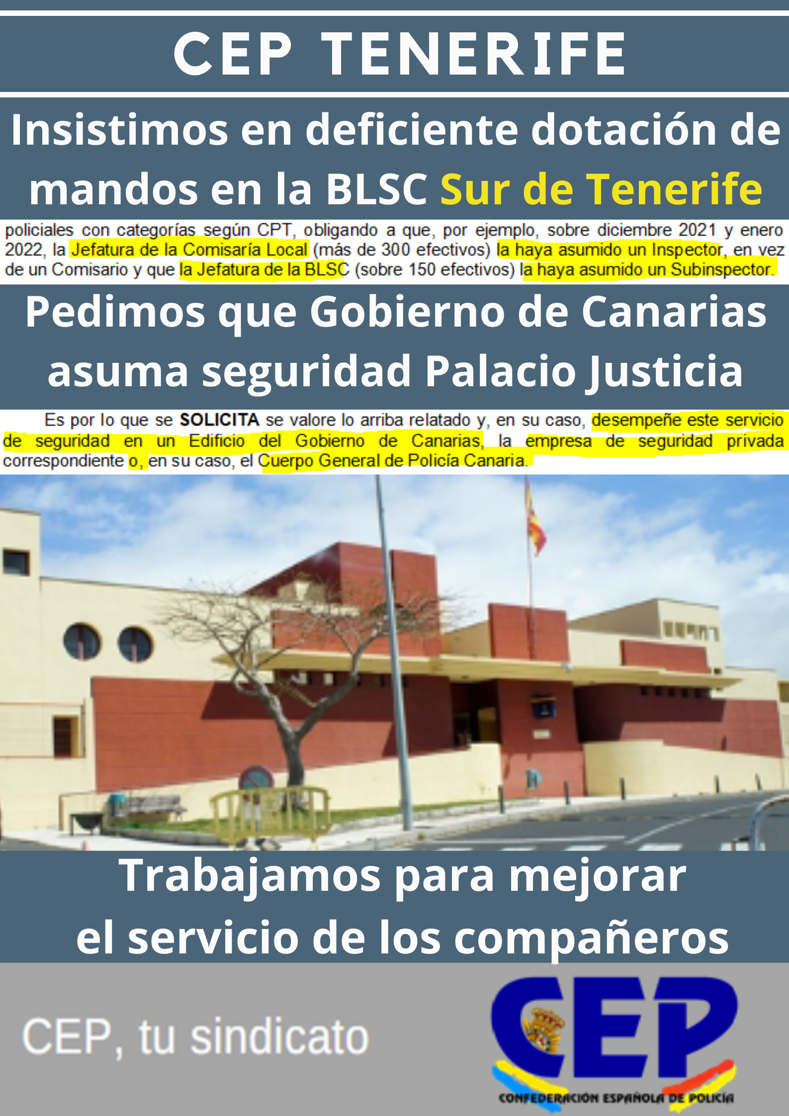 Insistimos en deficiente dotación de mandos BLSC Sur de Tenerife y pedimos Gobierno Canarias asuma seguridad Palacio Justicia de Arona