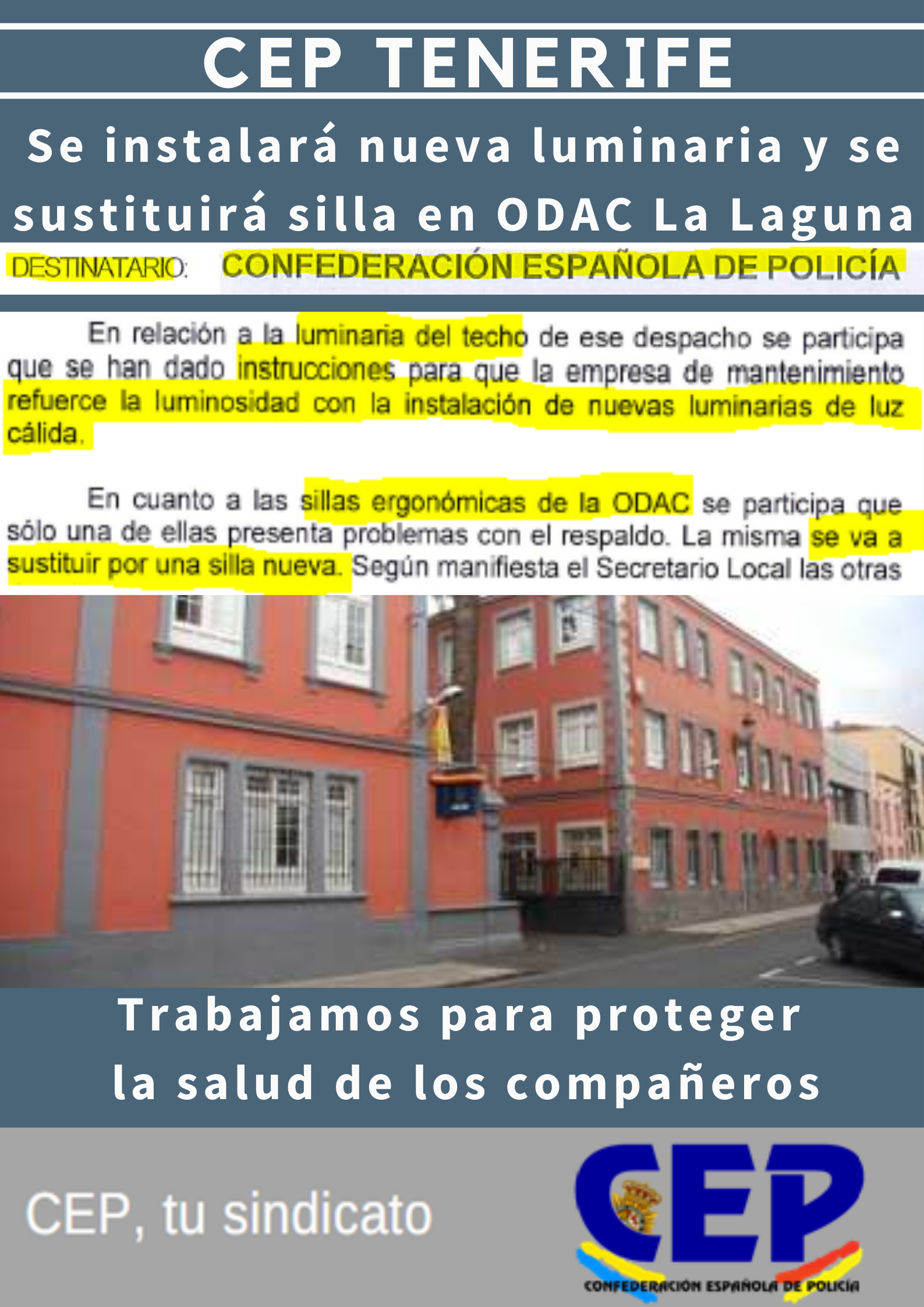 Se instalará nueva luminaria y se sustituirá silla en ODAC La Laguna