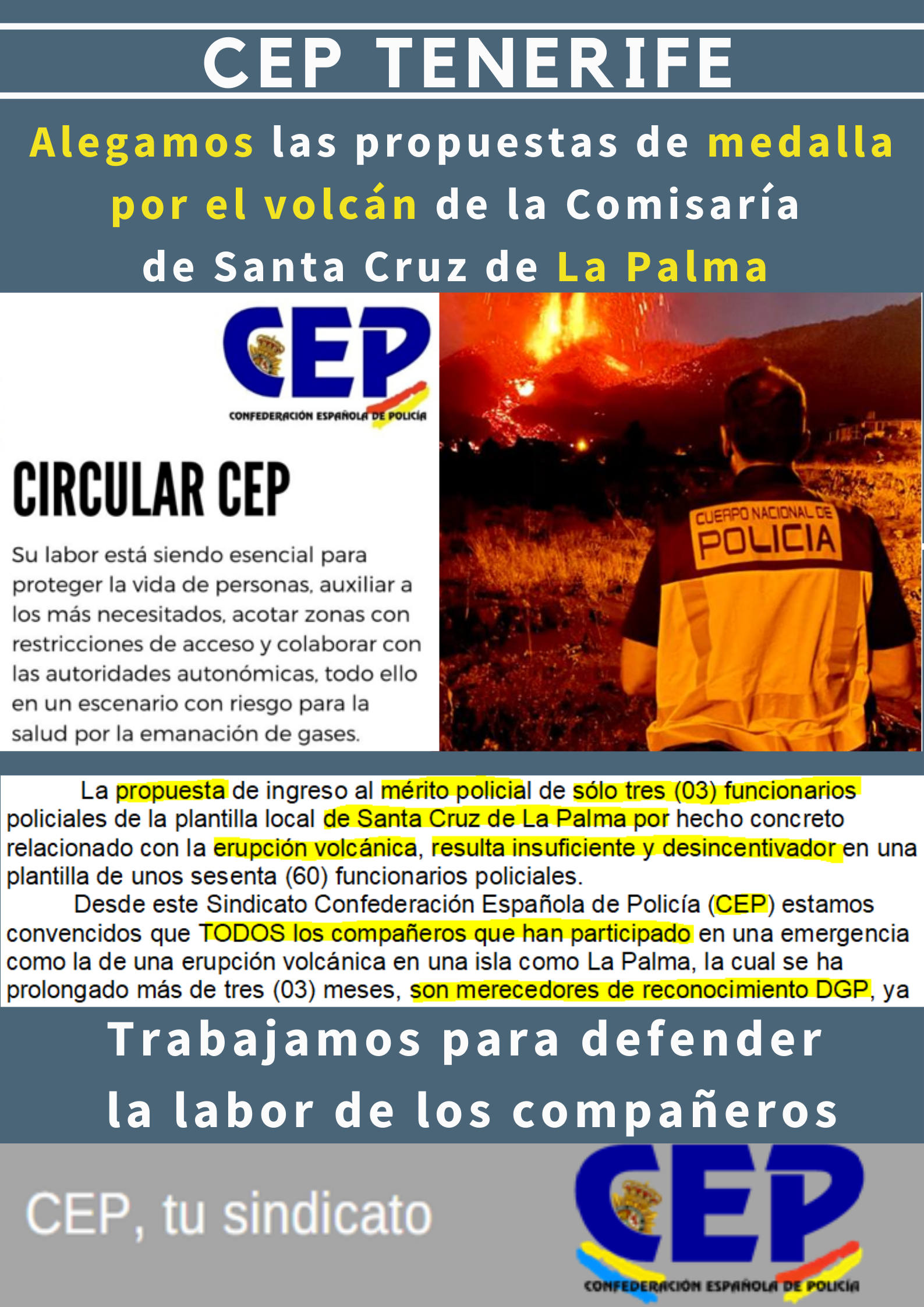Alegamos propuesta medalla por volcán de Jefe Comisaría S/C La Palma. Sólo tres funcionarios policiales, insuficiente y desmotivador