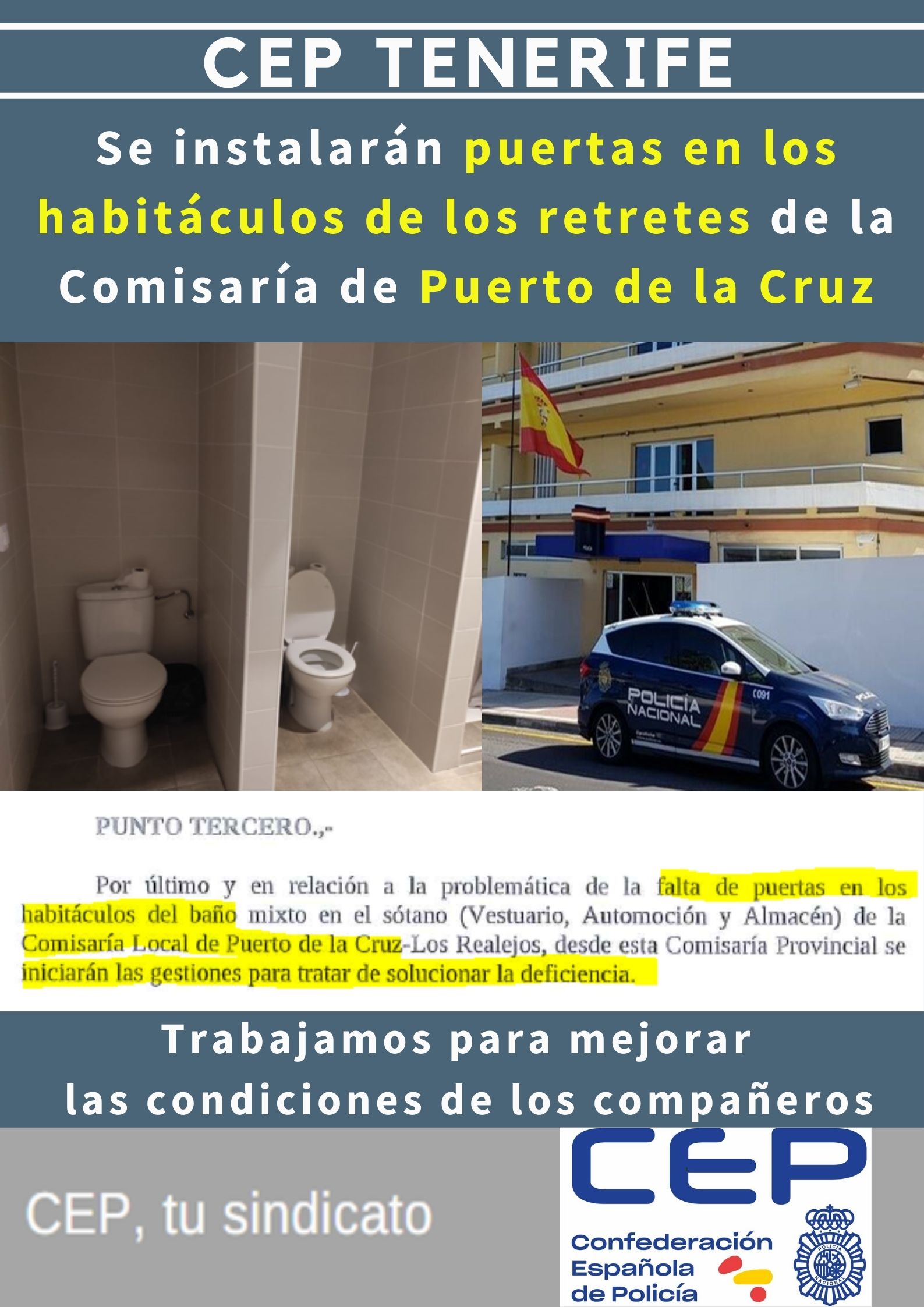 Se instalarán puertas en los habitáculos de los retretes de baño en COMISARÍA Puerto de la Cruz