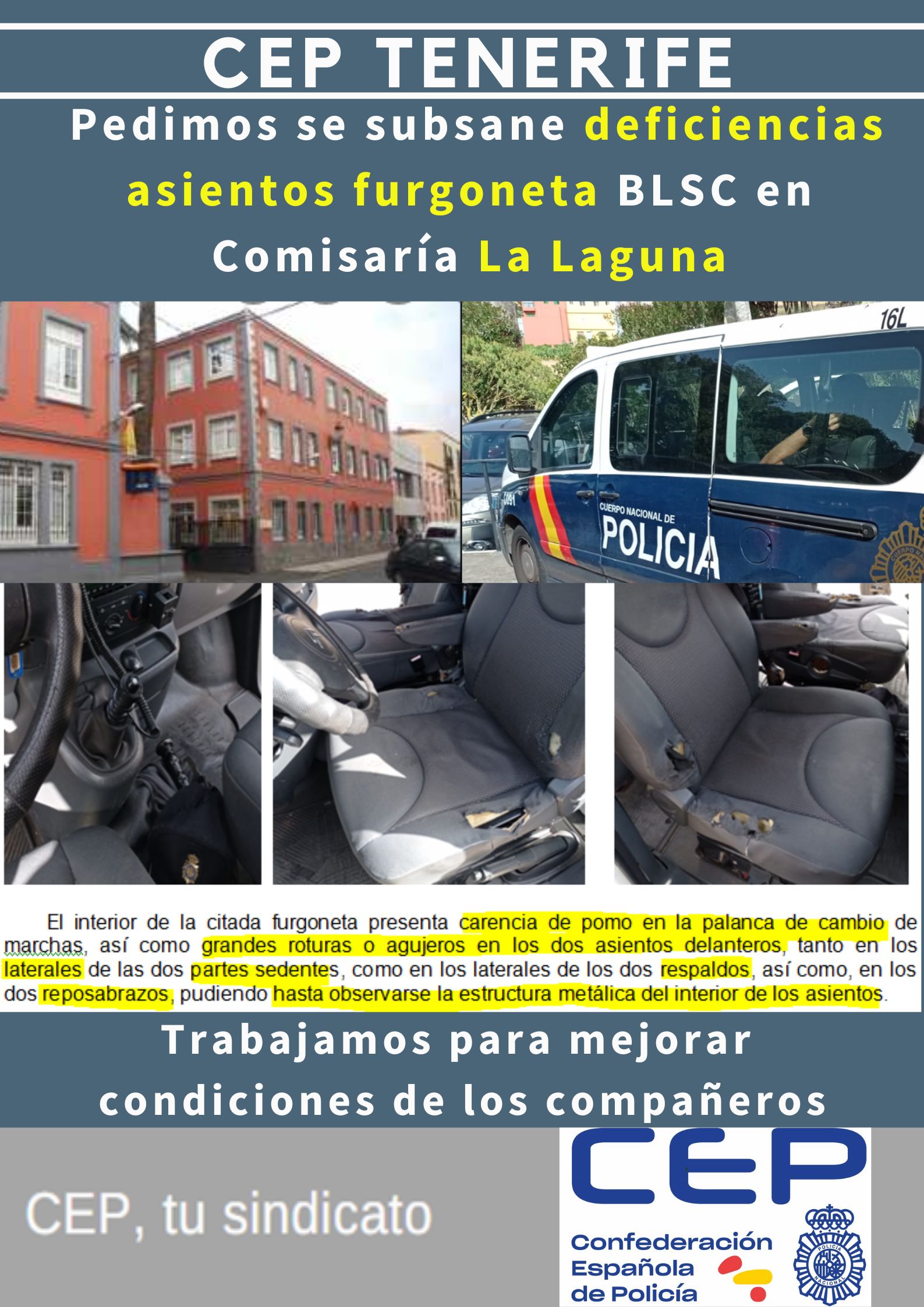 Pedimos subsanar deficiencias asientos (rotura o agujeros) furgoneta BLSC La Laguna