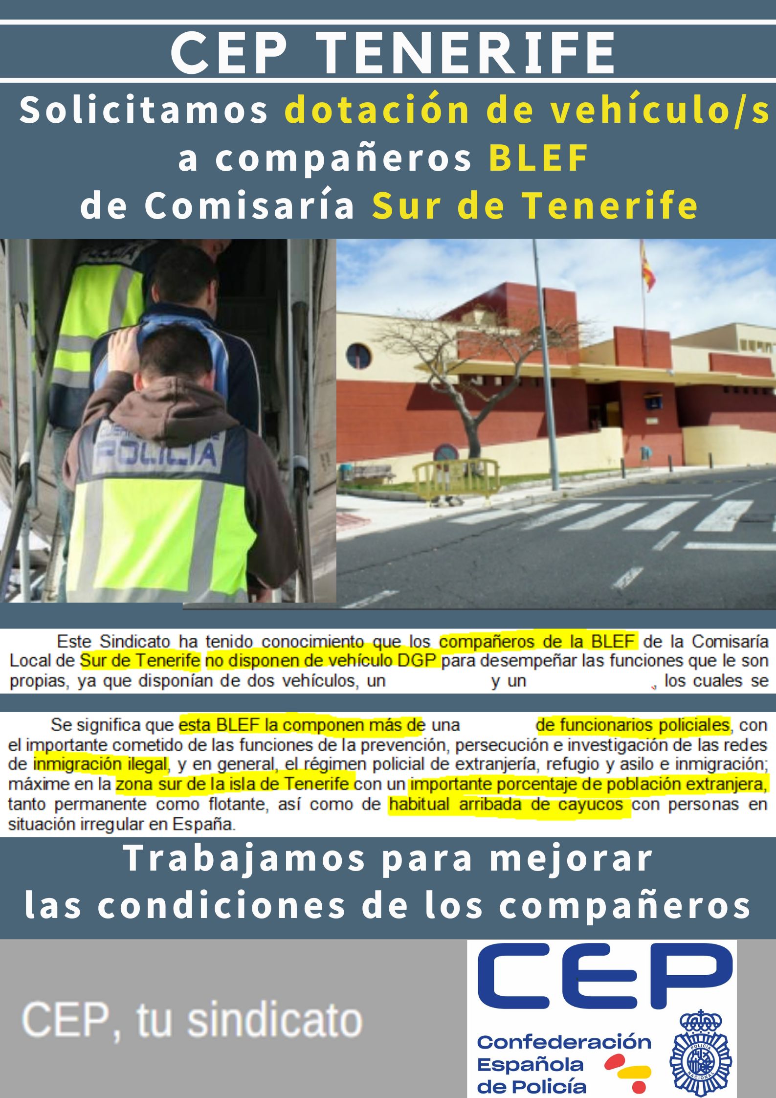 Solicitamos dotación vehículos a compañeros BLEF Comisaría Local de Sur de Tenerife