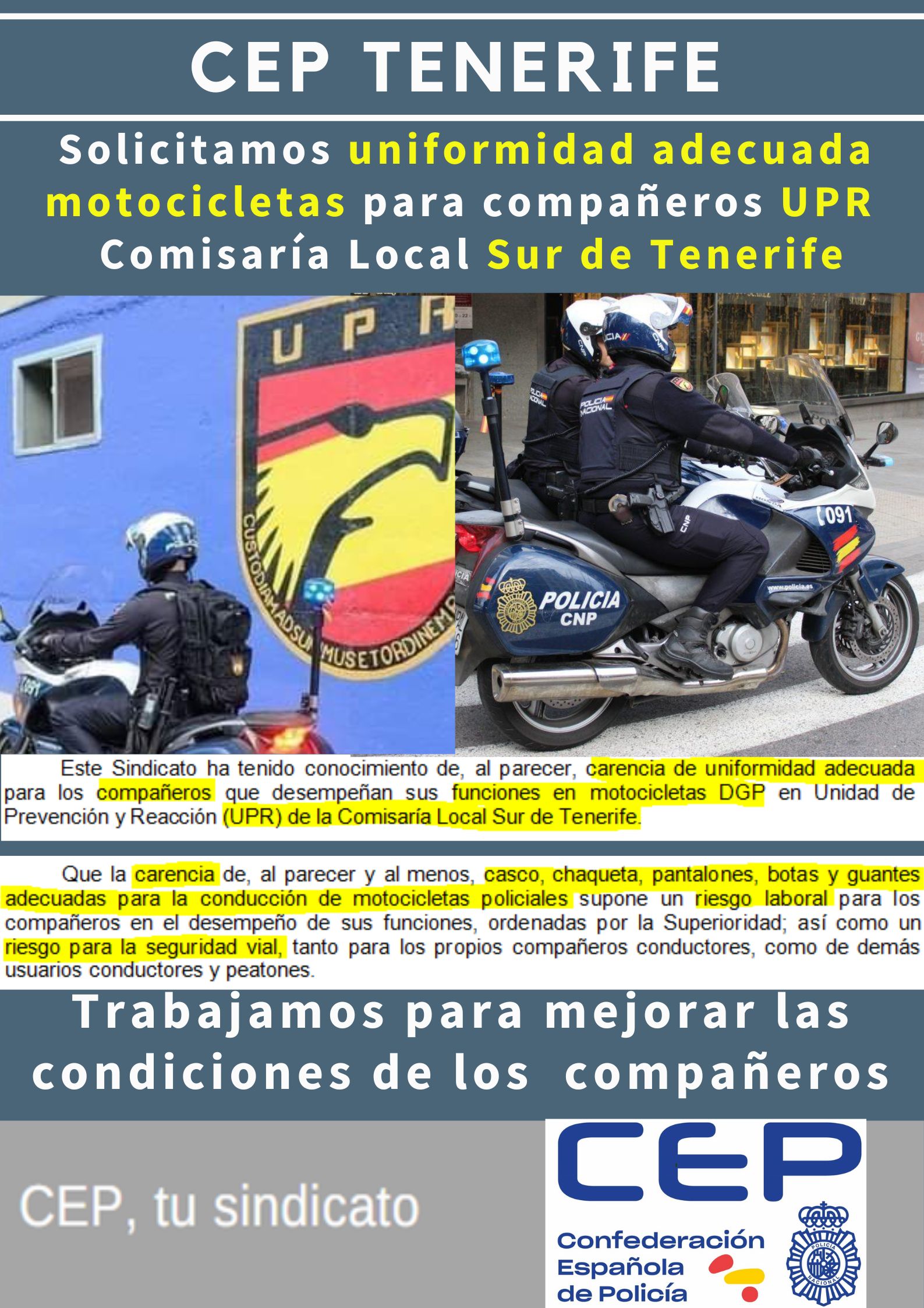 Solicitamos uniformidad adecuada motocicletas para compañeros UPR Sur de Tenerife