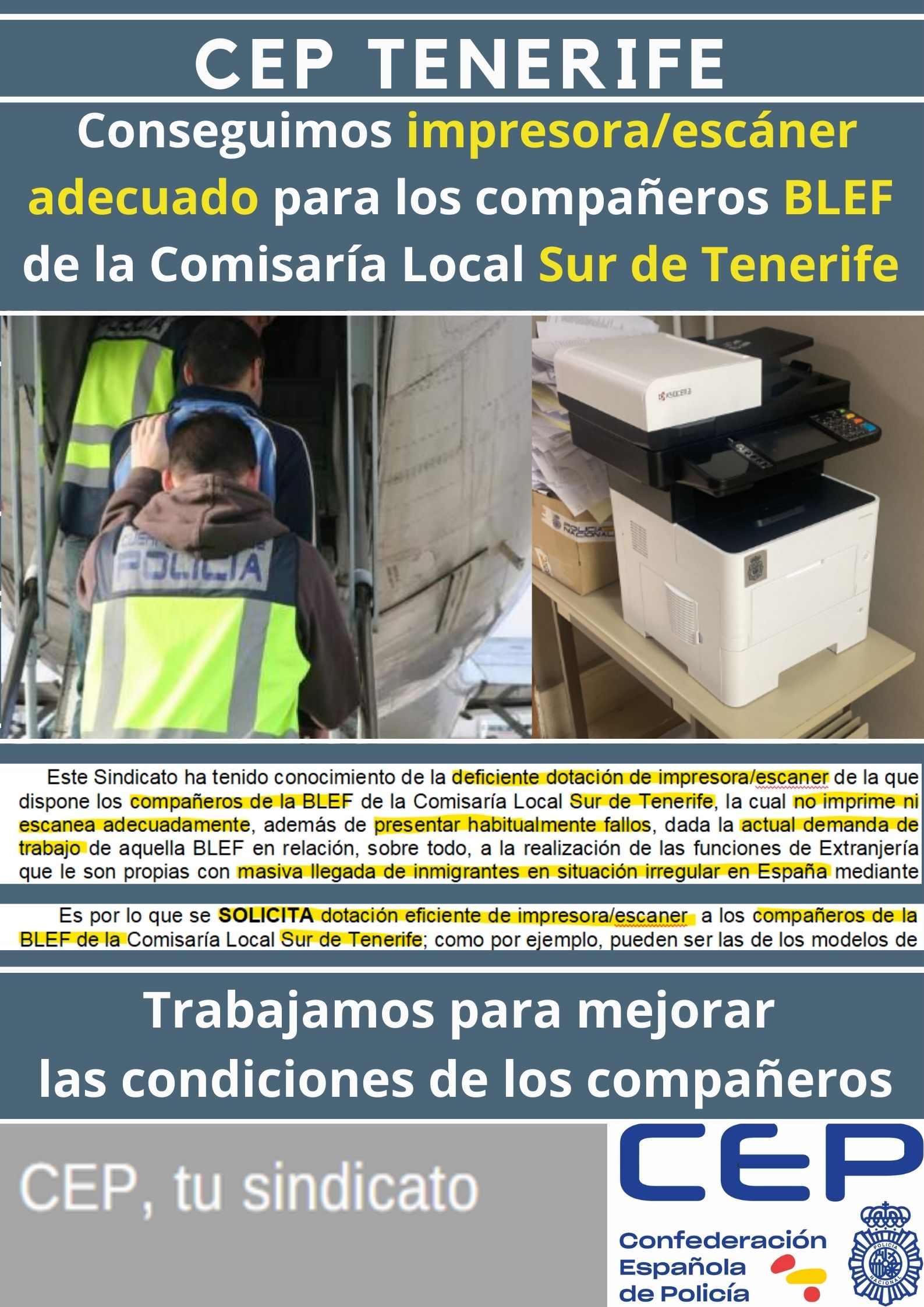 Solicitamos y conseguimos impresora/escáner adecuado para los compañeros BLEF de La Comisaría Local Sur de Tenerife