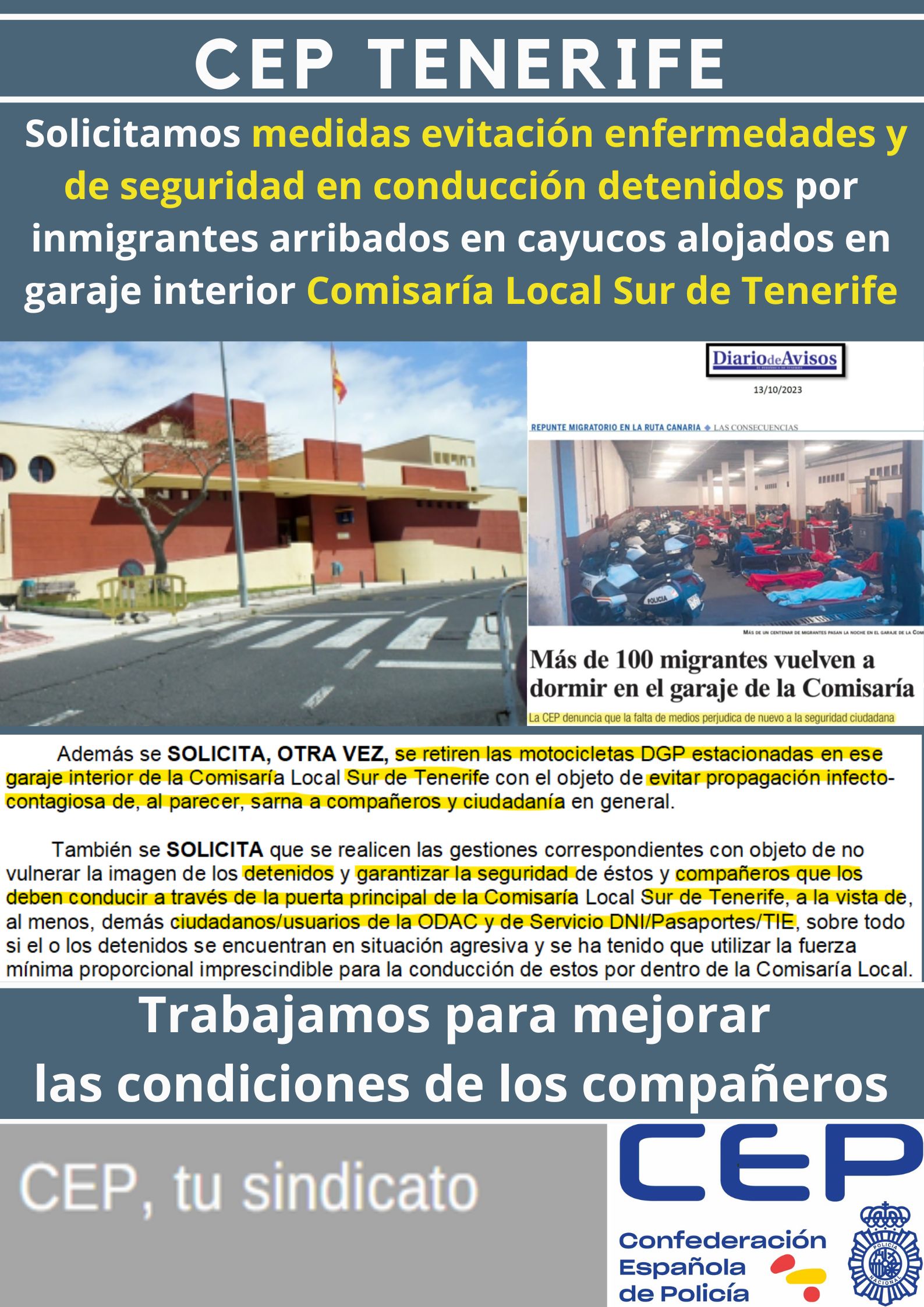 Solicitamos medidas para evitar enfermedades y de seguridad en conducción detenidos por inmigrantes arribados en cayucos alojados en garaje interior Comisaría Local Sur de Tenerife